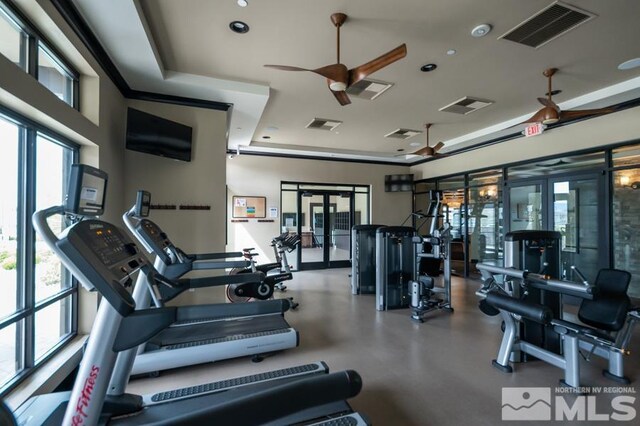9680 Thesolious Ln, Reno, NV 89521 - exercise room with ceiling fan, french doors, and recessed lighting