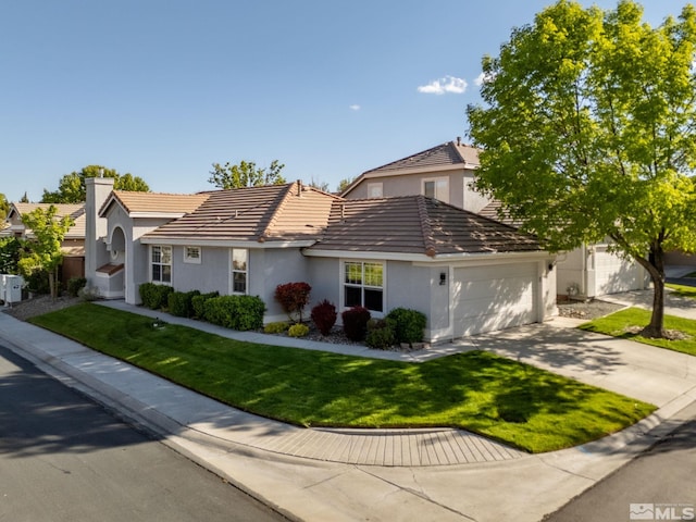 view of front of house featuring stucco siding, an attached garage, driveway, a front lawn, and a tiled roof