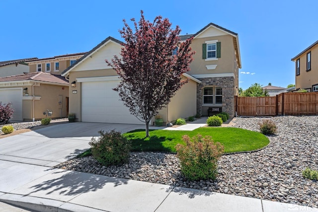 3097 Livorno Dr, Sparks, NV 89434 - traditional-style home featuring fence, stone siding, driveway, stucco siding, and a garage