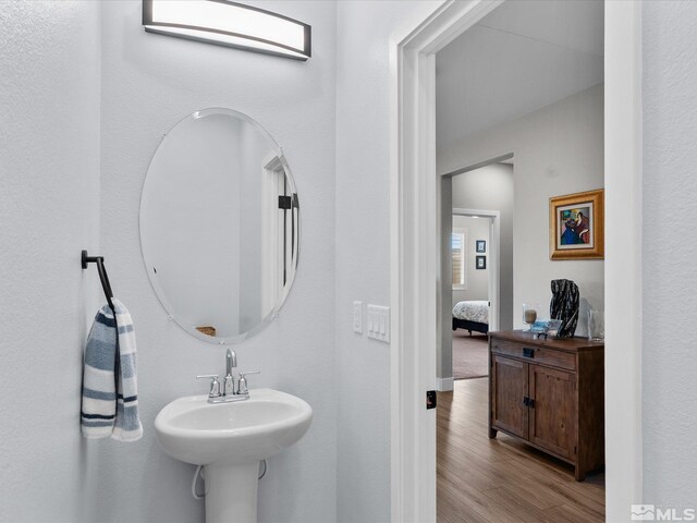 bathroom with wood finished floors and a sink