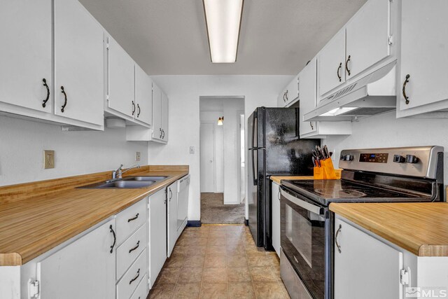 kitchen featuring electric range, a sink, under cabinet range hood, white dishwasher, and white cabinets