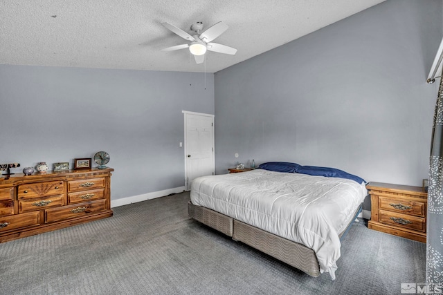 1131 Linda Anne Ct, Gardnerville, NV 89410 - carpeted bedroom with a textured ceiling, baseboards, lofted ceiling, and a ceiling fan