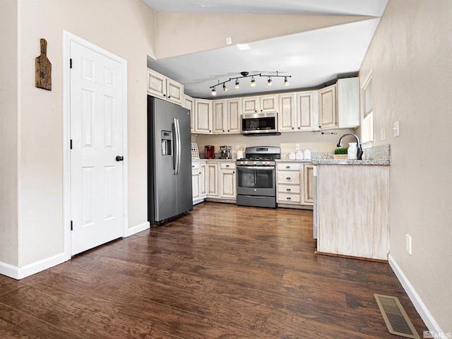 1466 Edlesborough Cir, Gardnerville, NV 89410 - kitchen with appliances with stainless steel finishes, dark wood finished floors, baseboards, a sink, and light stone counters