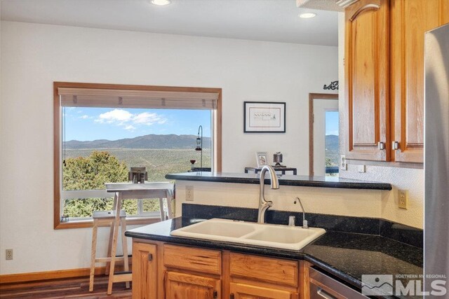 2045 Flint Rd, Reno, NV 89521 - kitchen with a sink, dark countertops, a mountain view, plenty of natural light, and recessed lighting