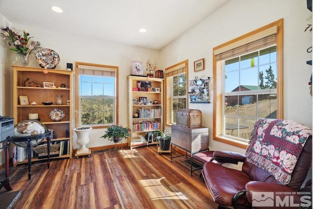 living area featuring wood finished floors, plenty of natural light, recessed lighting, and baseboards