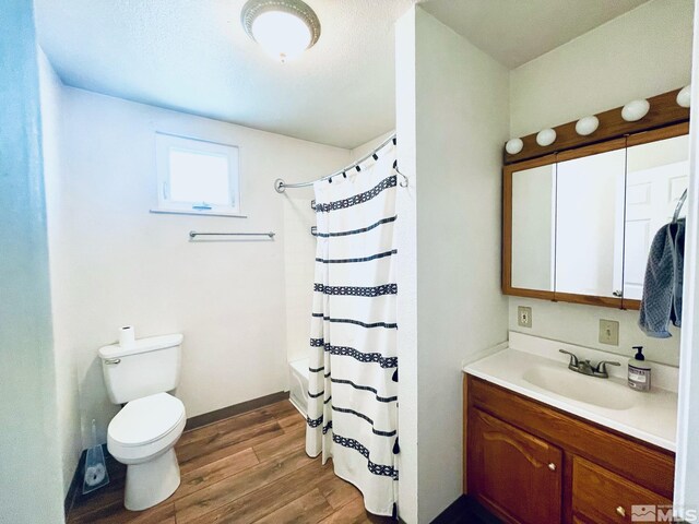 220 Pamela Dr, Walker Lake, NV 89415 - full bathroom with wood finished floors, toilet, a shower with shower curtain, vanity, and baseboards