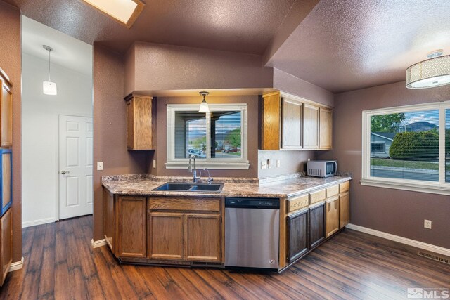 123 River Village Cir, Dayton, NV 89403 - kitchen with stainless steel dishwasher, a sink, dark wood-style flooring, plenty of natural light, and a textured ceiling