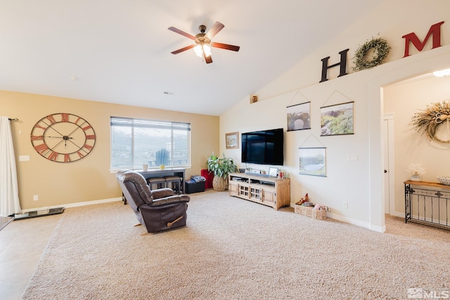 748 Thistle Dr, Spring Creek, NV 89815 - living area featuring ceiling fan, high vaulted ceiling, carpet floors, and baseboards