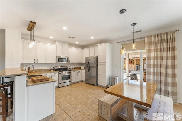 9185 Raytheon Ct, Reno, NV 89506 - kitchen with stainless steel appliances, a sink, light stone countertops, a peninsula, and white cabinetry