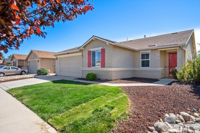 9185 Raytheon Ct, Reno, NV 89506 - ranch-style home featuring driveway, a front yard, an attached garage, stucco siding, and roof with shingles