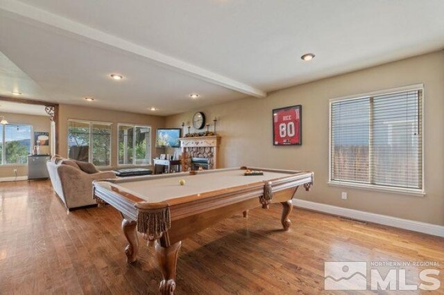 5284 Tappan Ct, Reno, NV 89523 - rec room with wood finished floors, baseboards, pool table, a fireplace, and recessed lighting