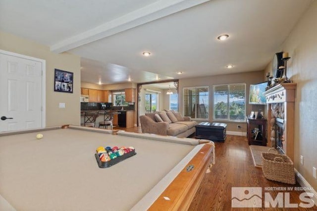 5284 Tappan Ct, Reno, NV 89523 - game room featuring billiards, wood finished floors, beamed ceiling, a stone fireplace, and recessed lighting