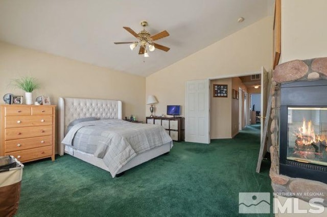 5284 Tappan Ct, Reno, NV 89523 - carpeted bedroom featuring high vaulted ceiling and ceiling fan