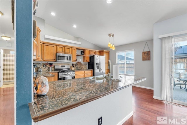 1310 Turf Ct, Fernley, NV 89408 - kitchen featuring appliances with stainless steel finishes, baseboards, dark wood finished floors, brown cabinets, and lofted ceiling