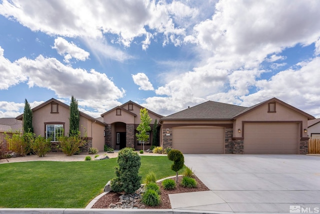 9825 Hayfield Dr, Sparks, NV 89441 - view of front of property with stucco siding, a garage, concrete driveway, a front lawn, and stone siding