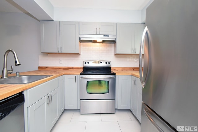 kitchen featuring stainless steel appliances, wood counters, under cabinet range hood, and a sink