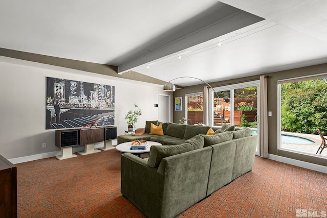 2135 Skyline Blvd, Reno, NV 89509 - living area featuring beamed ceiling, baseboards, and carpet