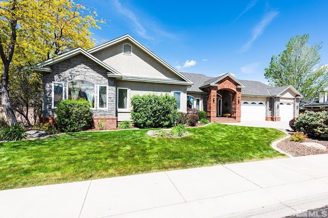 971 Fieldgate Way, Gardnerville, NV 89460 - ranch-style home with a garage, a front lawn, stucco siding, stone siding, and concrete driveway