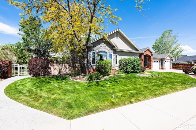 971 Fieldgate Way, Gardnerville, NV 89460 - ranch-style home with an attached garage, stone siding, driveway, stucco siding, and brick siding