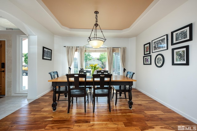 971 Fieldgate Way, Gardnerville, NV 89460 - dining room with arched walkways, wood finished floors, a raised ceiling, and baseboards