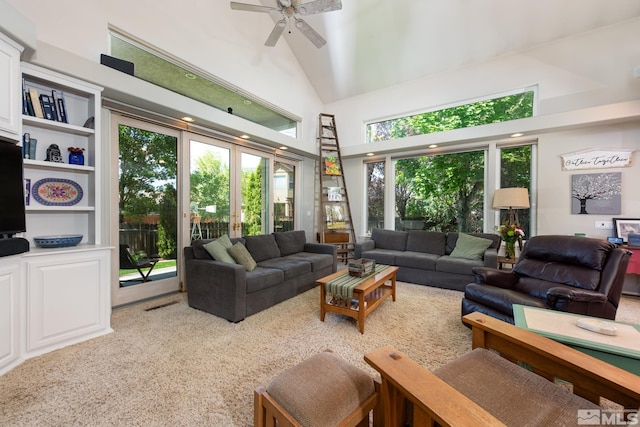 971 Fieldgate Way, Gardnerville, NV 89460 - carpeted living room featuring high vaulted ceiling, plenty of natural light, and ceiling fan