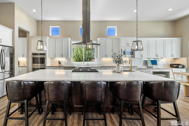 1009 Tremolite, Reno, NV 89511 - kitchen featuring appliances with stainless steel finishes, island range hood, a large island with sink, tasteful backsplash, and wood finished floors