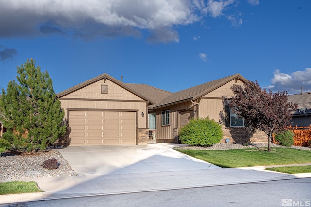 6680 Voyage Dr, Sparks, NV 89436 - ranch-style home with an attached garage, concrete driveway, and a front yard