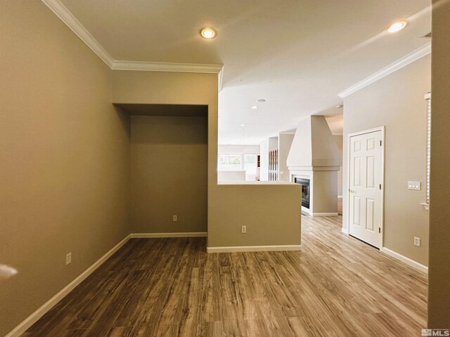 10599 Crystal Bay Dr, Reno, NV 89521 - spare room featuring crown molding, baseboards, wood finished floors, a glass covered fireplace, and recessed lighting