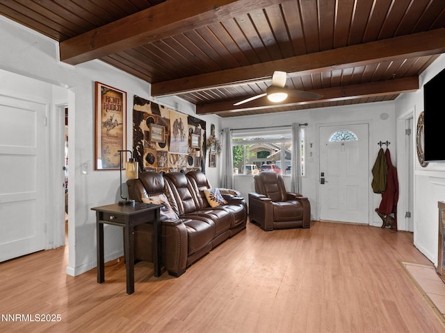 665 Southworth Dr, Reno, NV 89512 - living area featuring wood finished floors, wooden ceiling with exposed beams, ceiling fan, and baseboards