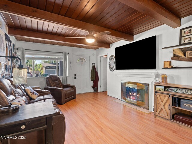 665 Southworth Dr, Reno, NV 89512 - living room featuring a brick fireplace, light wood-type flooring, wood ceiling with exposed beams, and ceiling fan