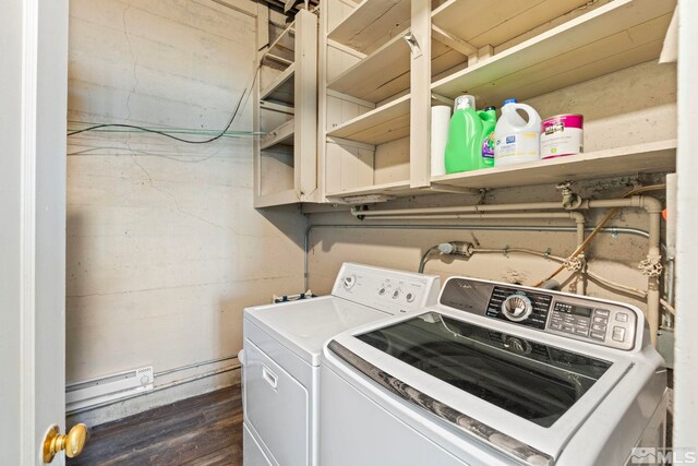 2066 Plumas St, Reno, NV 89509 - laundry room with washing machine and dryer, dark wood-type flooring, and baseboard heating