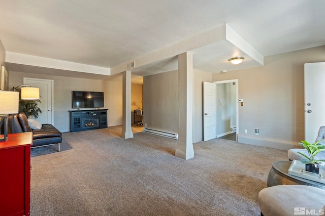 2066 Plumas St, Reno, NV 89509 - carpeted living room featuring a baseboard radiator, a glass covered fireplace, and baseboards
