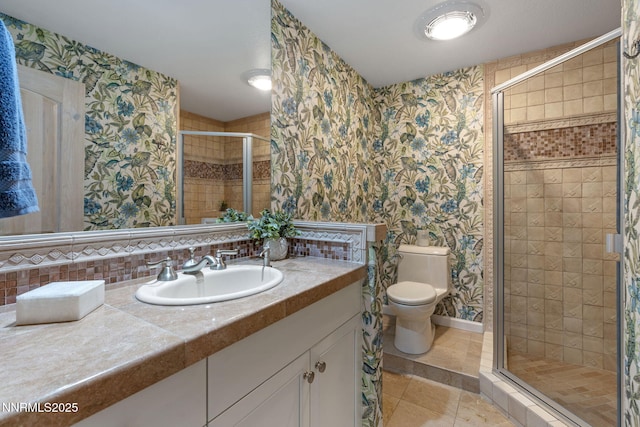 10286 Morning Song Trl, Reno, NV 89511 - full bathroom with a stall shower, tile patterned floors, toilet, wallpapered walls, and vanity