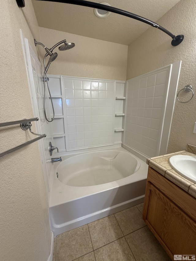 5740 Sarah Rd, Fallon, NV 89406 - bathroom with a textured wall, tile patterned floors, shower / bath combination, vanity, and a textured ceiling
