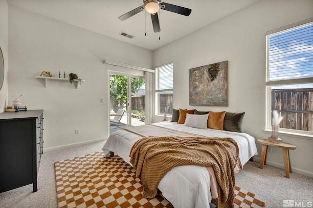 bedroom with access to exterior, baseboards, light carpet, and ceiling fan