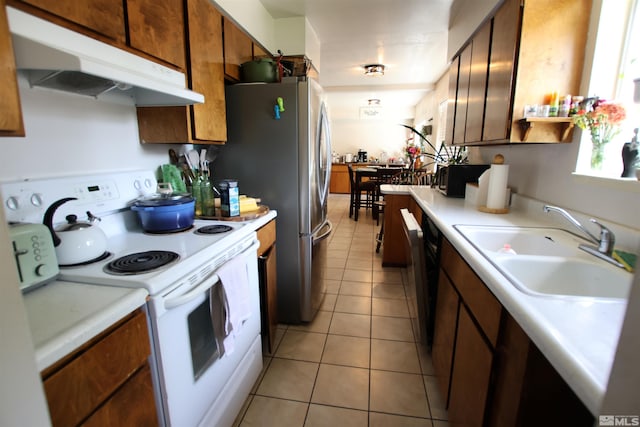 435 Shipley Dr, Yerington, NV 89447 - kitchen featuring white range with electric cooktop, under cabinet range hood, a sink, light countertops, and light tile patterned floors