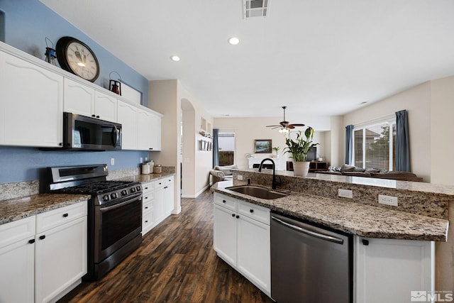1523 Riverpark Pkwy, Dayton, NV 89403 - kitchen with stainless steel appliances, a sink, open floor plan, dark wood finished floors, and a ceiling fan