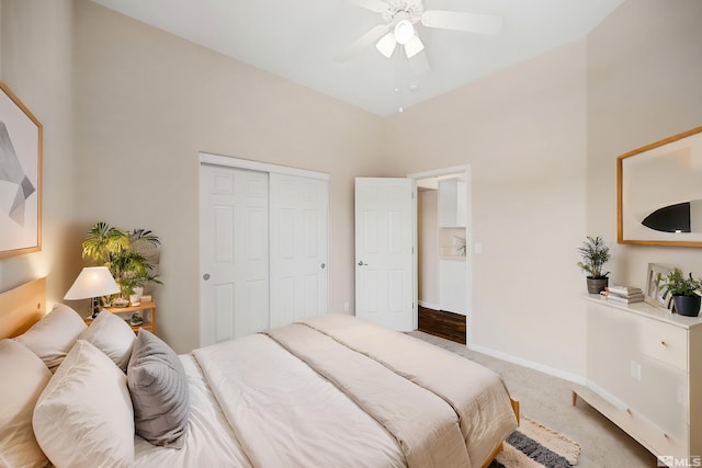 1523 Riverpark Pkwy, Dayton, NV 89403 - bedroom featuring carpet floors, a closet, baseboards, and ceiling fan