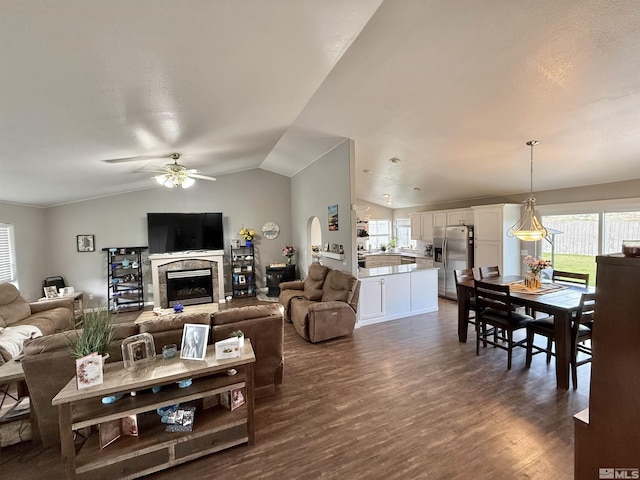 660 Castle Way, Winnemucca, NV 89445 - living room with a ceiling fan, lofted ceiling, dark wood-type flooring, and a fireplace