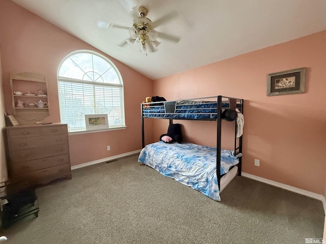 660 Castle Way, Winnemucca, NV 89445 - carpeted bedroom featuring vaulted ceiling, baseboards, and ceiling fan