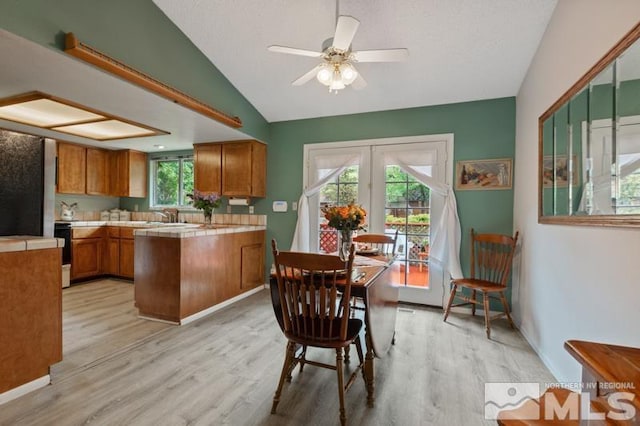 1940 Peavine Rd, Reno, NV 89503 - dining space featuring lofted ceiling, light wood finished floors, a ceiling fan, and french doors