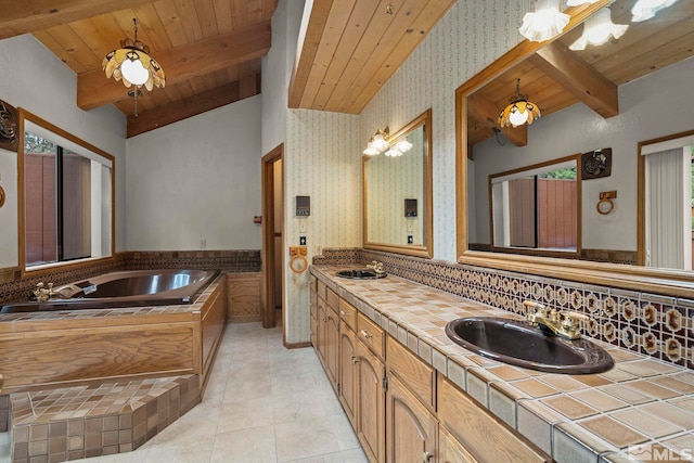 full bathroom with beam ceiling, wood ceiling, wallpapered walls, a bath, and backsplash