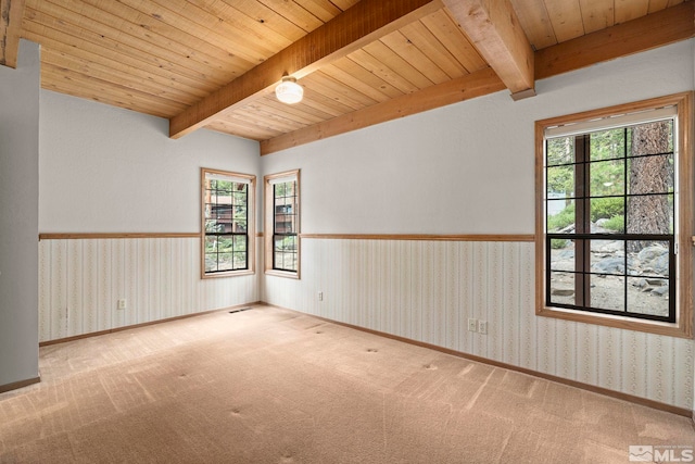 empty room with beam ceiling, carpet flooring, and wood ceiling