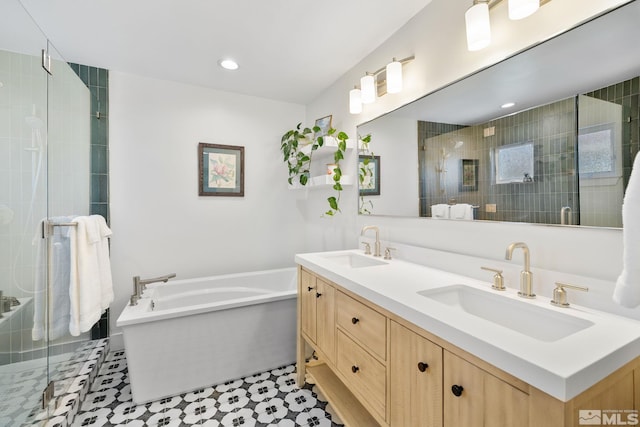 2480 Idlewild Dr, Reno, NV 89509 - full bathroom with a shower stall, double vanity, a bathtub, and recessed lighting