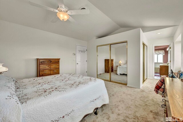 5245 Canyon View Dr, Sparks, NV 89436 - bedroom with light carpet, vaulted ceiling, ceiling fan, and baseboards