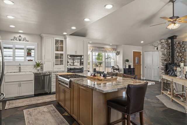 4800 Amy Rd, Reno, NV 89510 - kitchen with stainless steel appliances, a wood stove, a sink, recessed lighting, and light stone countertops