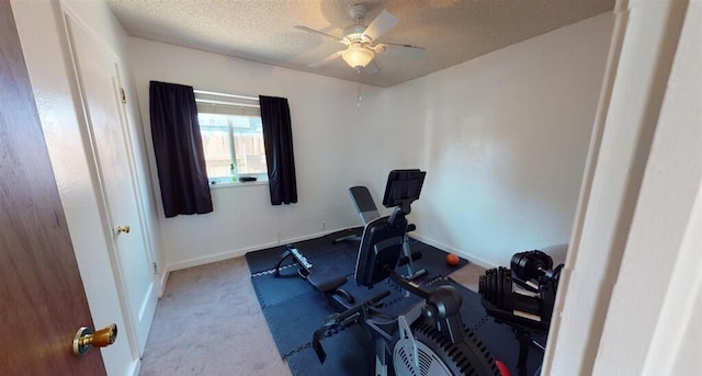 50 Bellevue Ave, Winnemucca, NV 89445 - workout room featuring a textured ceiling, a ceiling fan, carpet floors, and baseboards