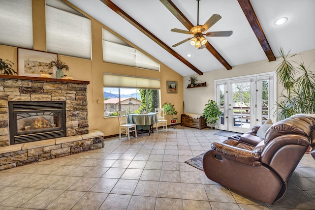 1000 Sagebrush Ct, Gardnerville, NV 89460 - living area featuring beam ceiling, a ceiling fan, a fireplace, recessed lighting, and high vaulted ceiling