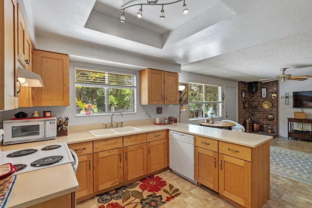 295 Andrew Ln, Reno, NV 89521 - kitchen with white appliances, a peninsula, a sink, under cabinet range hood, and light countertops