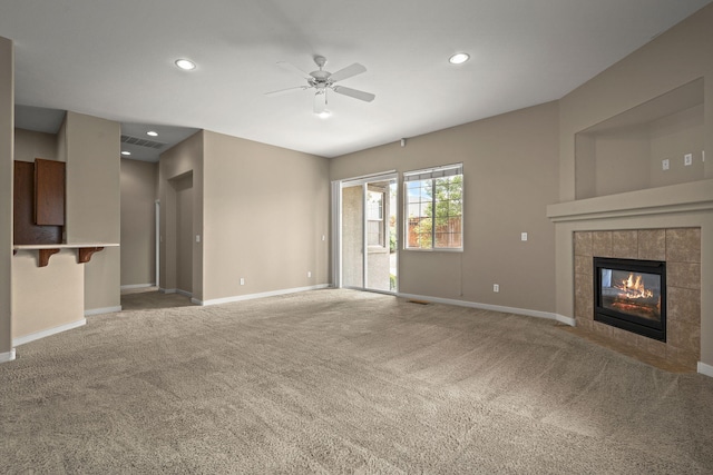 1196 Turnberry Dr, Sparks, NV 89436 - unfurnished living room with baseboards, ceiling fan, carpet floors, a fireplace, and recessed lighting